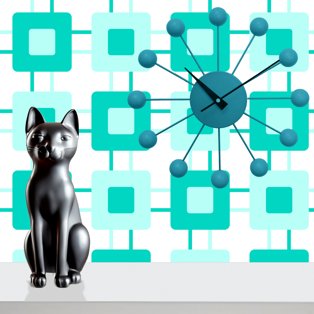 The artwork features a repeating geometric pattern of symmetrical shapes resembling elongated, curved diamonds or petals in various shades of blue and green. Each shape is split vertically with one half filled with a light blue and the other half filled with green or darker blue. The background is a light, almost pastel blue, which provides a soft yet vibrant backdrop. One of the blue shapes near the upper left contains a white starburst element, adding a focal point of brightness to the composition. The overall design conveys a modern, mid-century aesthetic with clean lines and harmonious color contrasts.